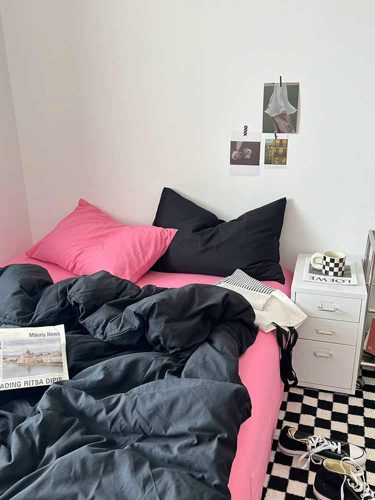 Washed Cotton Color-Block Bedding Set - Rose Pink + Black
