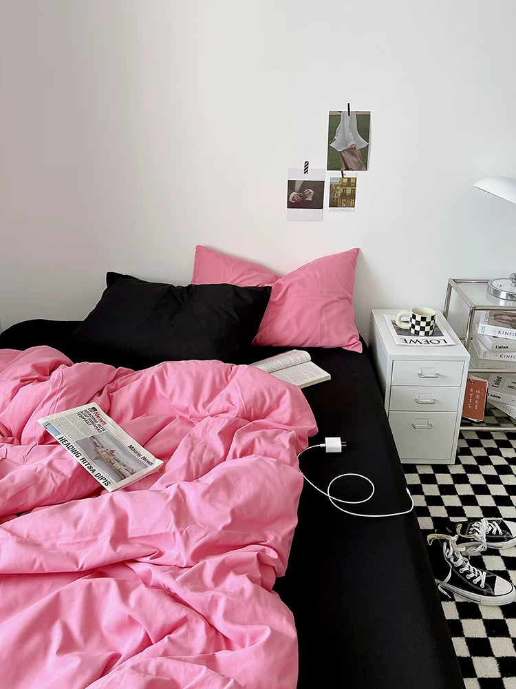 Washed Cotton Color-Block Bedding Set - Rose Pink + Black