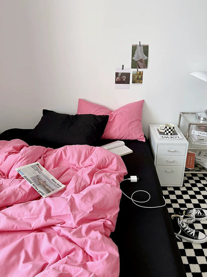 Washed Cotton Color-Block Bedding Set - Rose Pink + Black