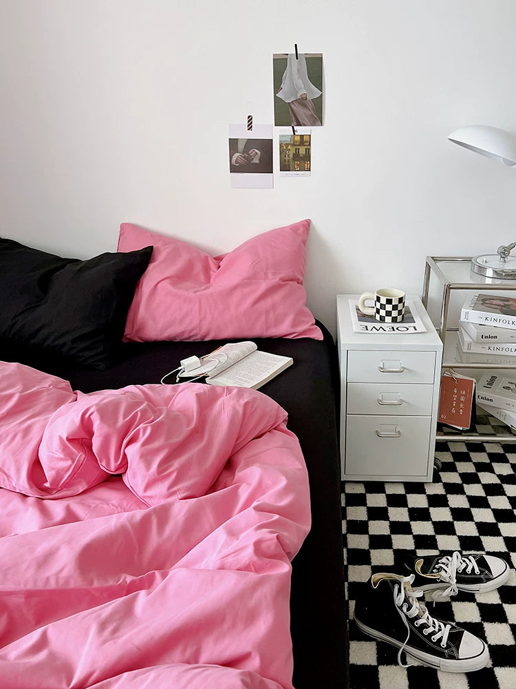 Washed Cotton Color-Block Bedding Set - Rose Pink + Black