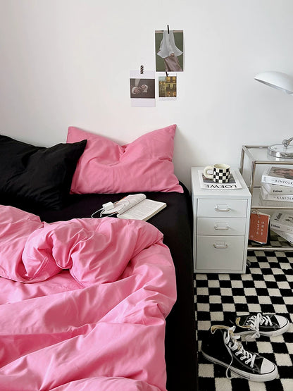 Washed Cotton Color-Block Bedding Set - Rose Pink + Black
