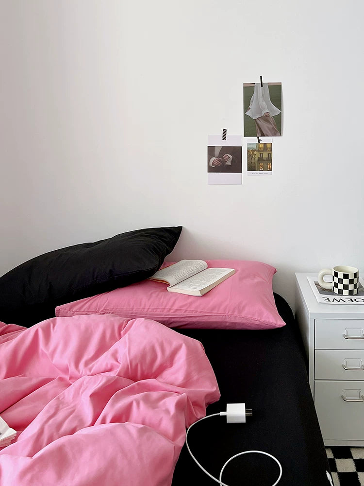 Washed Cotton Color-Block Bedding Set - Rose Pink + Black
