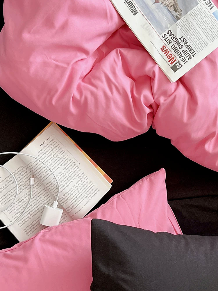 Washed Cotton Color-Block Bedding Set - Rose Pink + Black