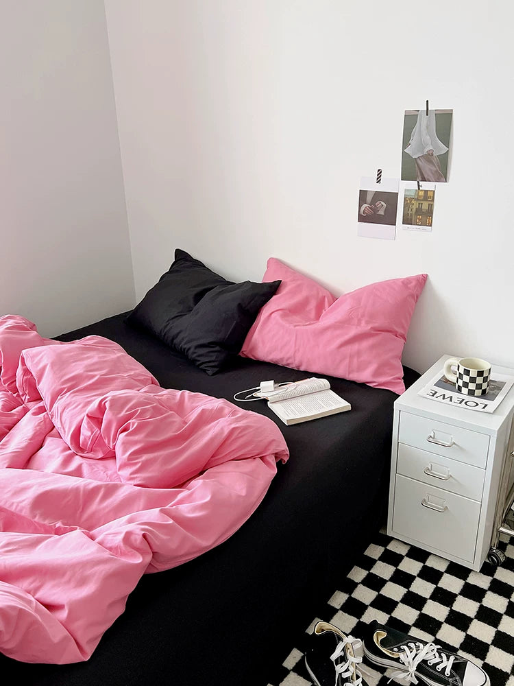 Washed Cotton Color-Block Bedding Set - Rose Pink + Black