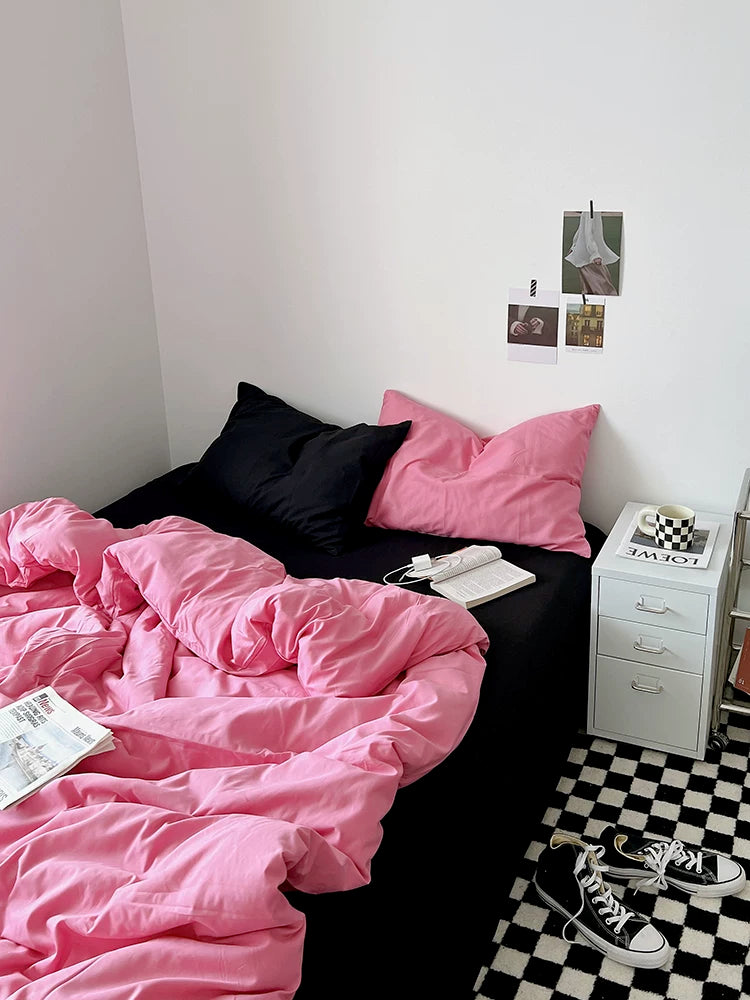 Washed Cotton Color-Block Bedding Set - Rose Pink + Black