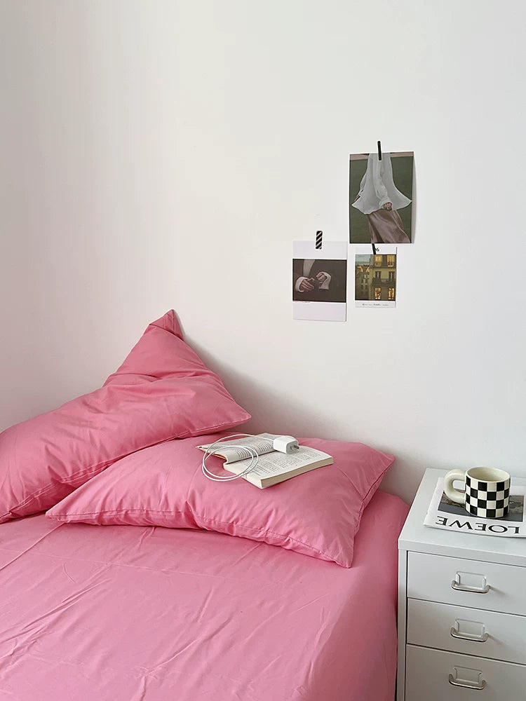 Washed Cotton Color-Block Bedding Set - Raspberry Pink