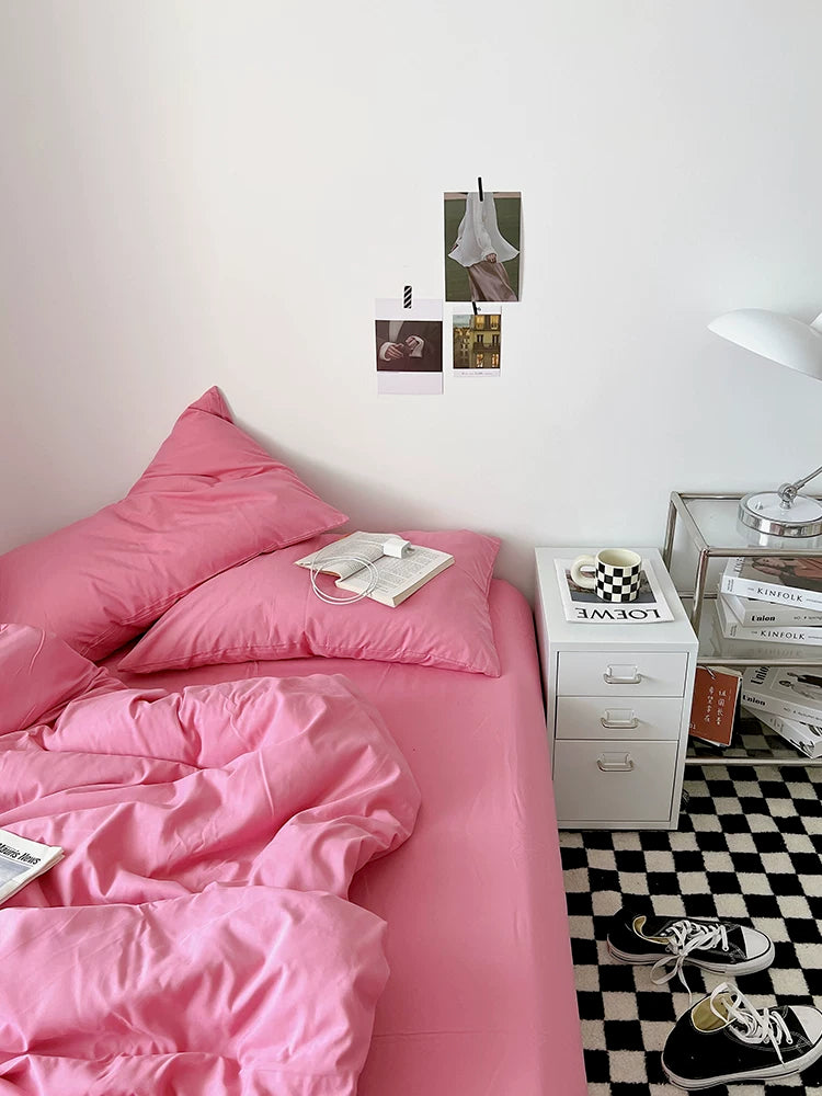 Washed Cotton Color-Block Bedding Set - Raspberry Pink
