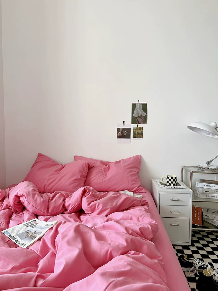 Washed Cotton Color-Block Bedding Set - Raspberry Pink