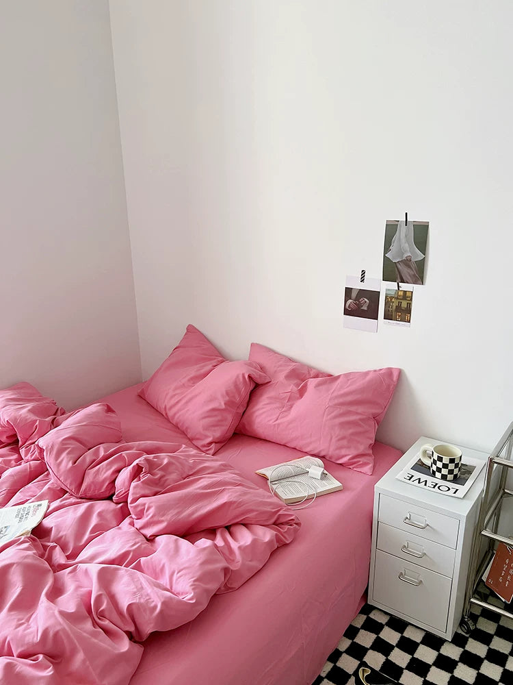 Washed Cotton Color-Block Bedding Set - Raspberry Pink