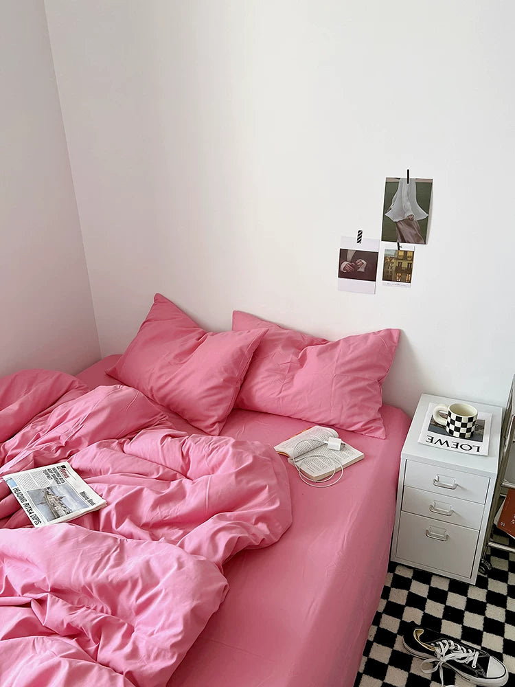 Washed Cotton Color-Block Bedding Set - Raspberry Pink