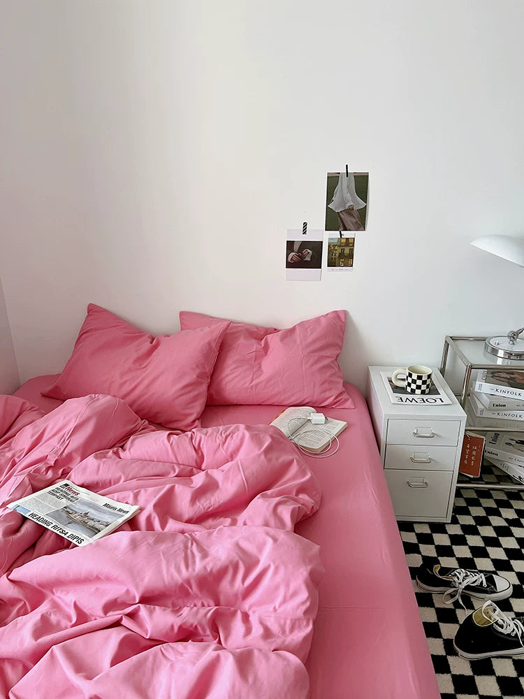 Washed Cotton Color-Block Bedding Set - Raspberry Pink