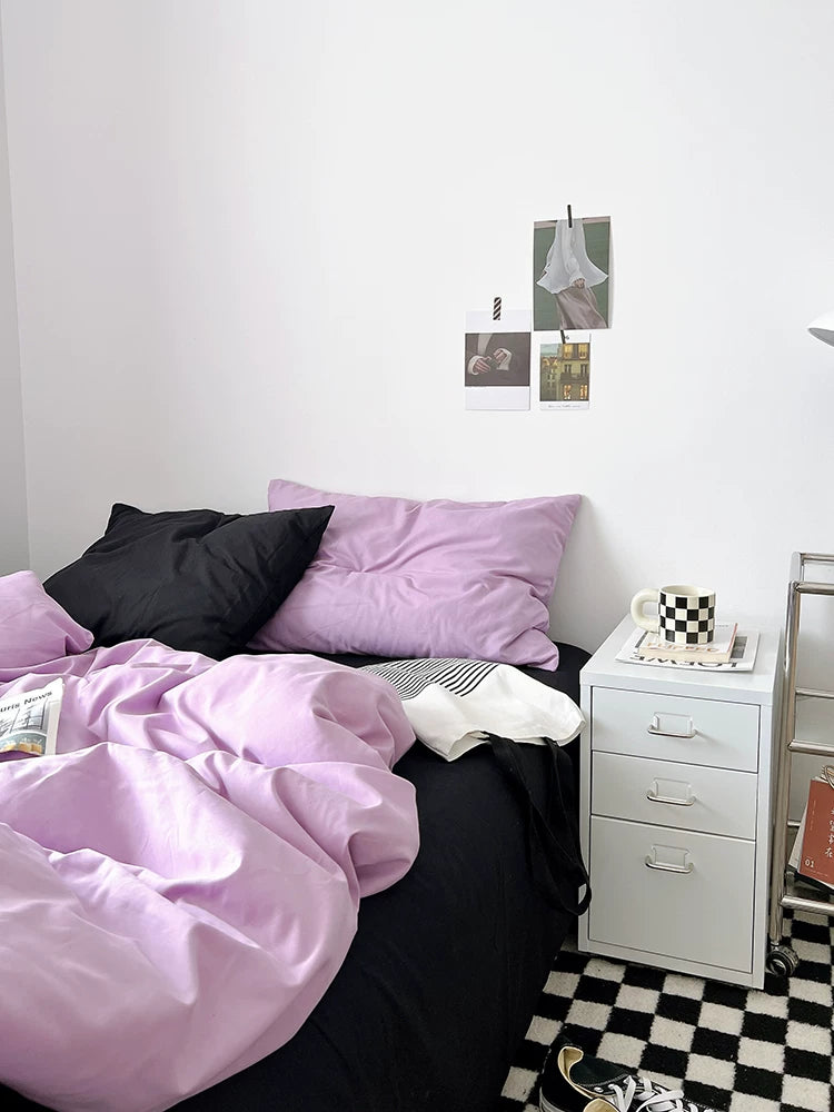 Washed Cotton Color-Block Bedding Set - Taro Purple + Black