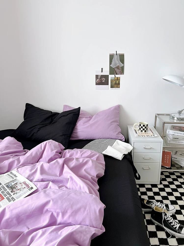 Washed Cotton Color-Block Bedding Set - Taro Purple + Black