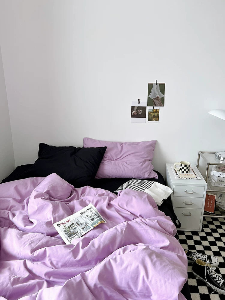 Washed Cotton Color-Block Bedding Set - Taro Purple + Black