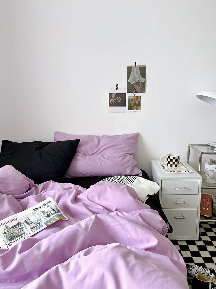 Washed Cotton Color-Block Bedding Set - Taro Purple + Black