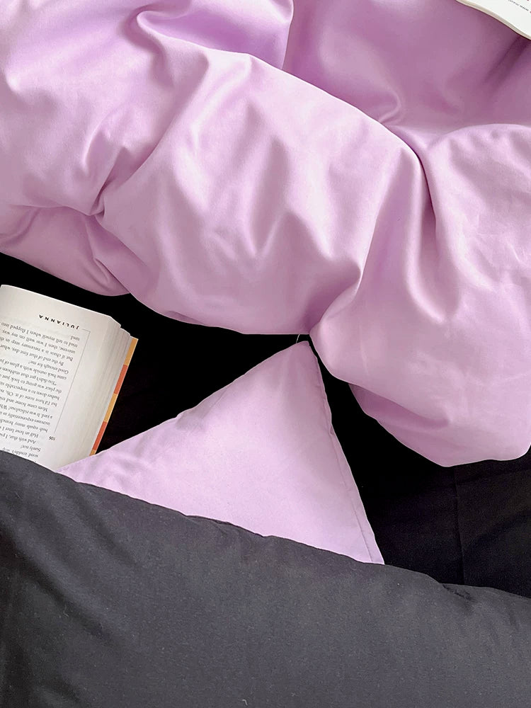 Washed Cotton Color-Block Bedding Set - Taro Purple + Black