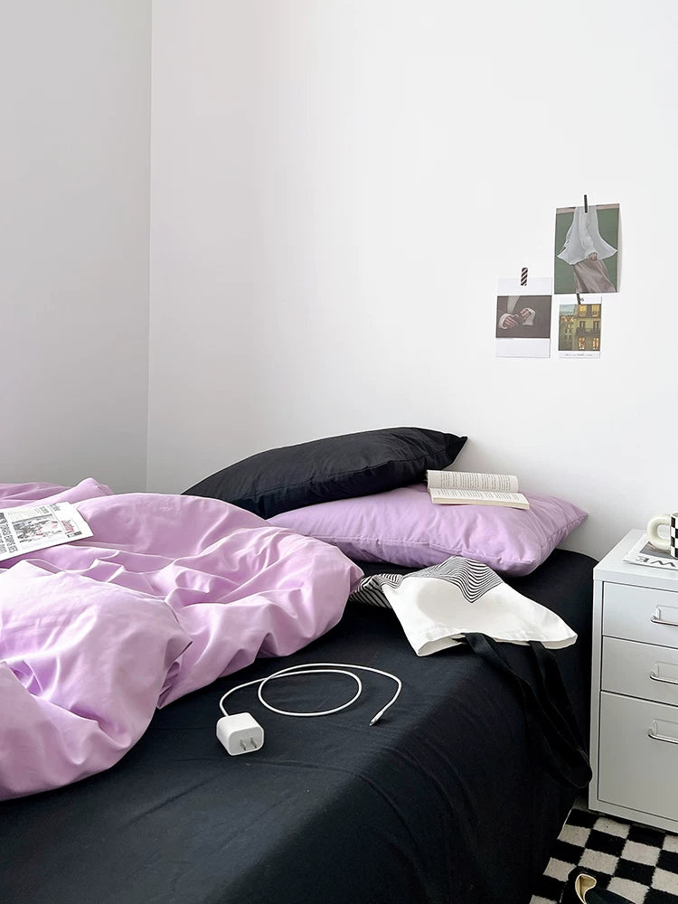 Washed Cotton Color-Block Bedding Set - Taro Purple + Black