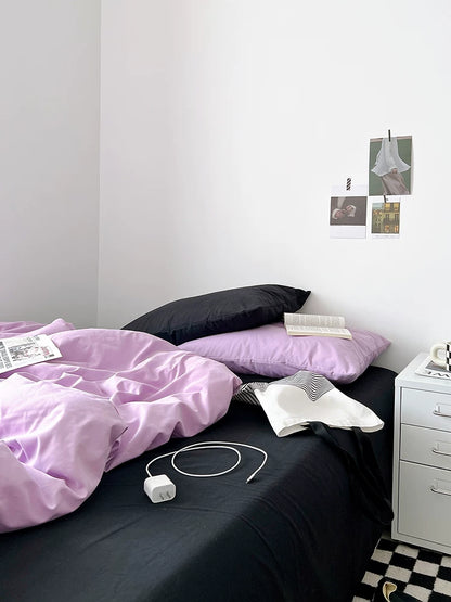 Washed Cotton Color-Block Bedding Set - Taro Purple + Black