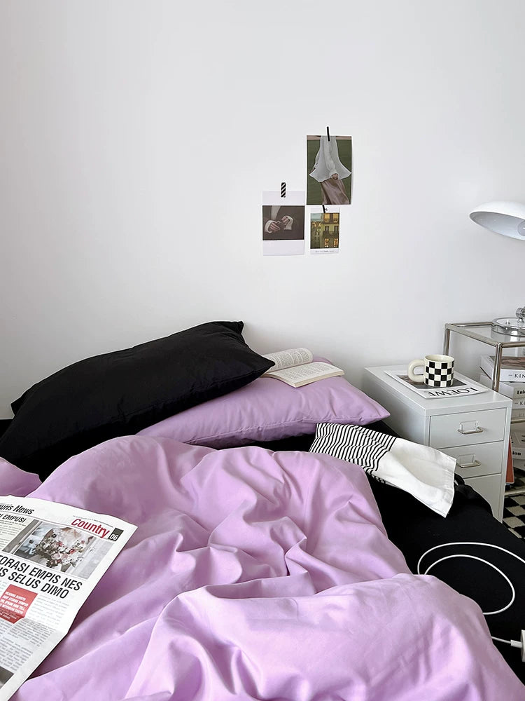 Washed Cotton Color-Block Bedding Set - Taro Purple + Black