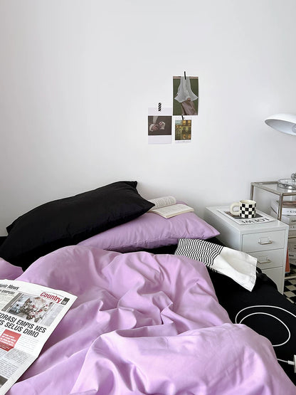 Washed Cotton Color-Block Bedding Set - Taro Purple + Black