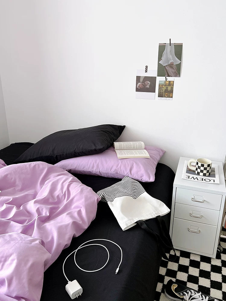 Washed Cotton Color-Block Bedding Set - Taro Purple + Black