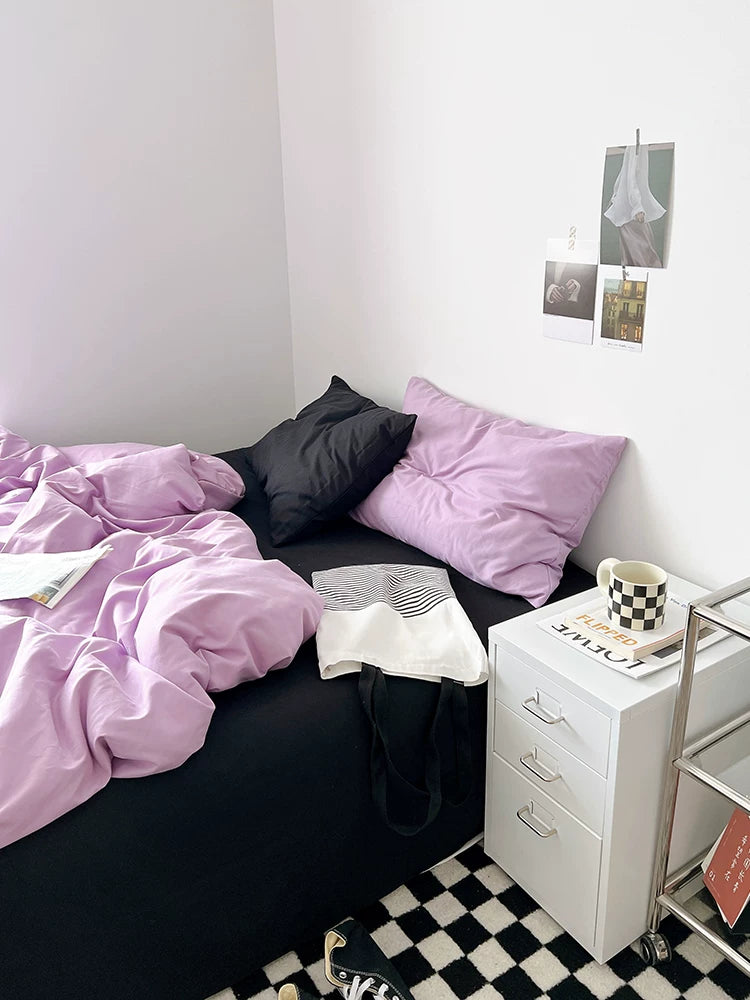 Washed Cotton Color-Block Bedding Set - Taro Purple + Black