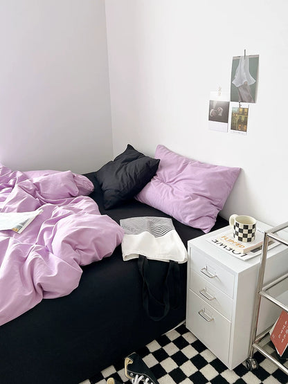 Washed Cotton Color-Block Bedding Set - Taro Purple + Black