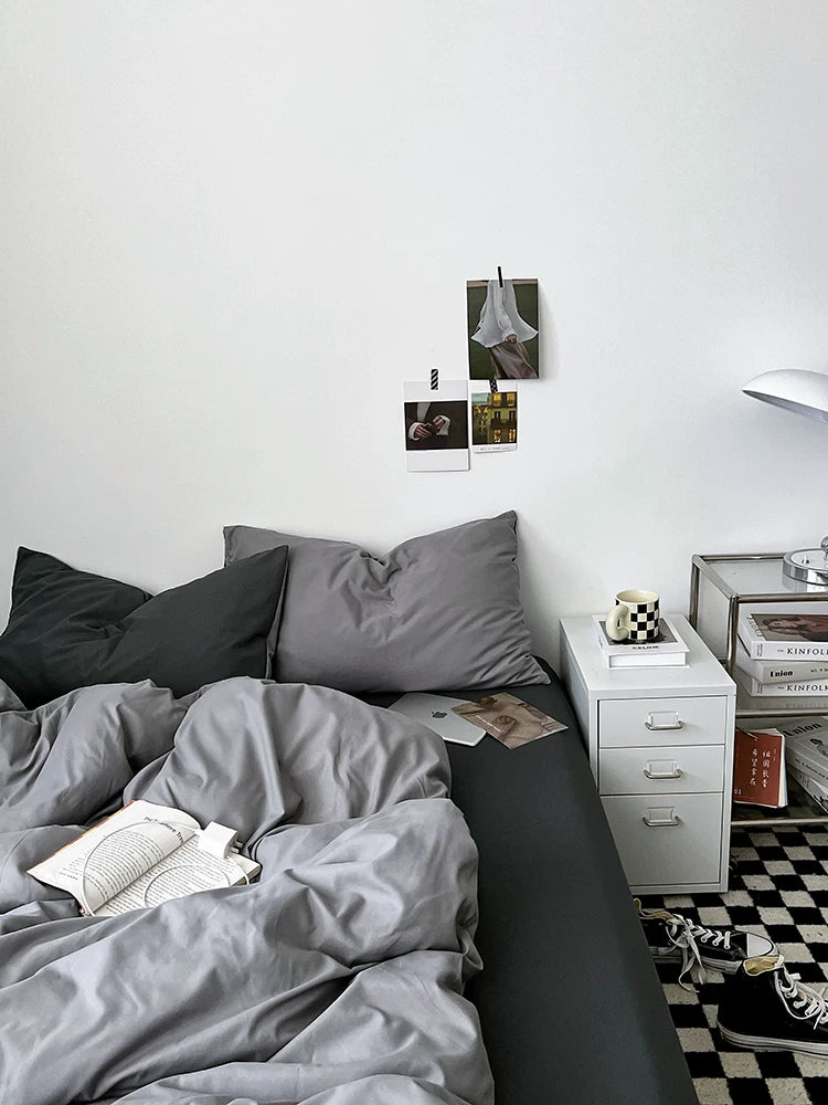 Washed Cotton Color-Block Bedding Set - Haze Grey