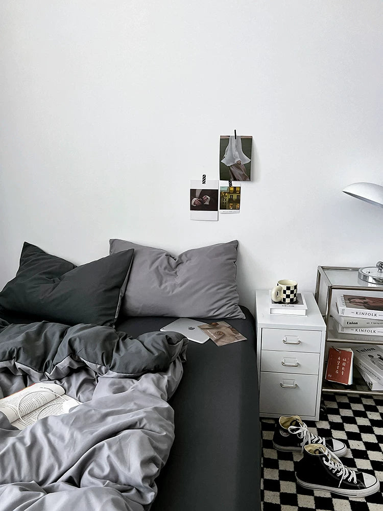 Washed Cotton Color-Block Bedding Set - Haze Grey
