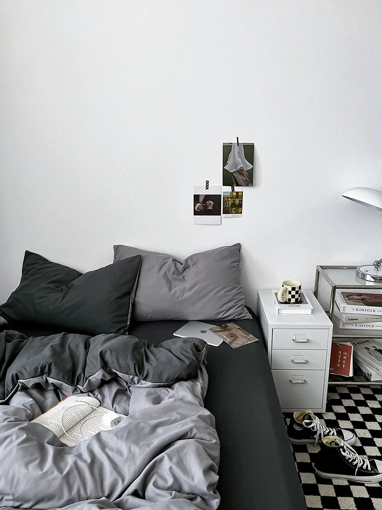 Washed Cotton Color-Block Bedding Set - Haze Grey