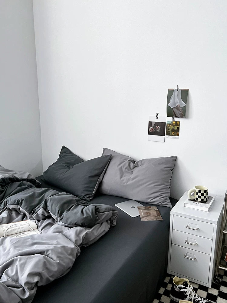 Washed Cotton Color-Block Bedding Set - Haze Grey