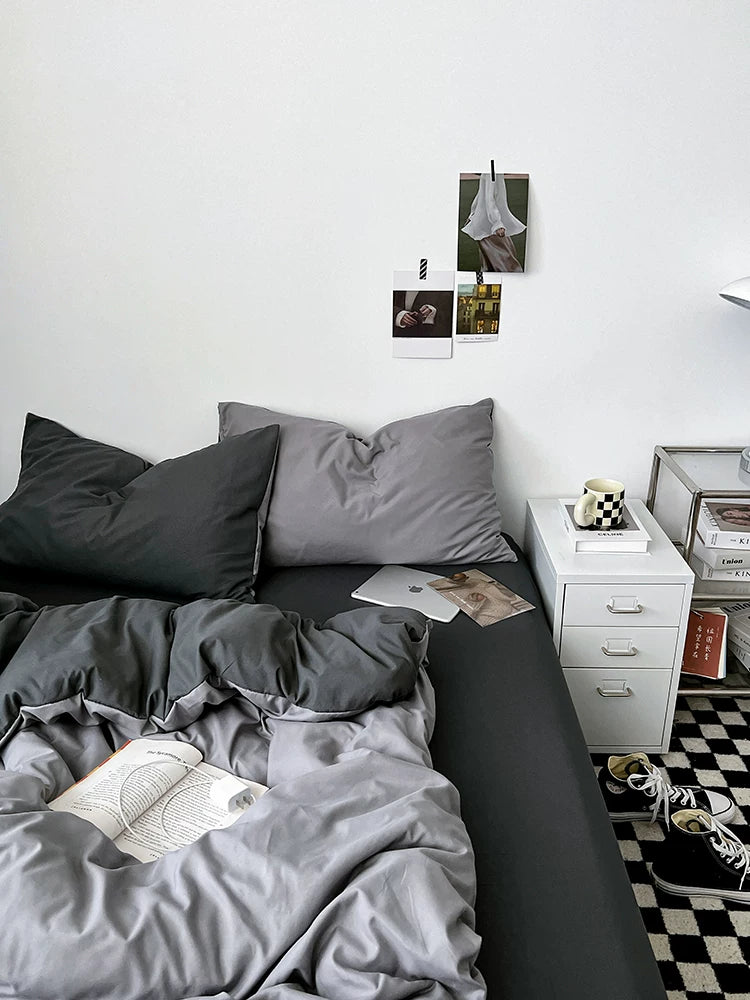 Washed Cotton Color-Block Bedding Set - Haze Grey
