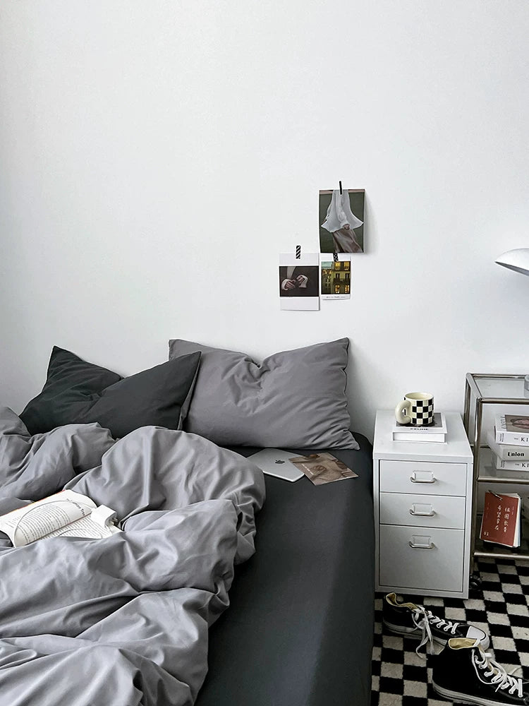 Washed Cotton Color-Block Bedding Set - Haze Grey
