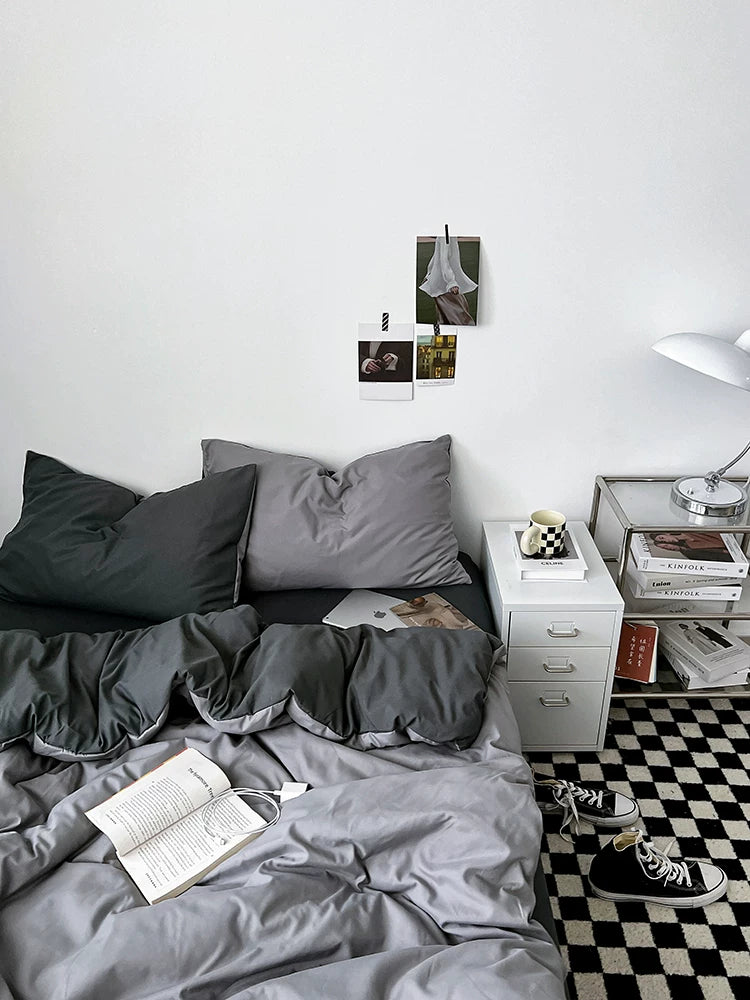 Washed Cotton Color-Block Bedding Set - Haze Grey