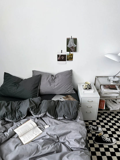 Washed Cotton Color-Block Bedding Set - Haze Grey