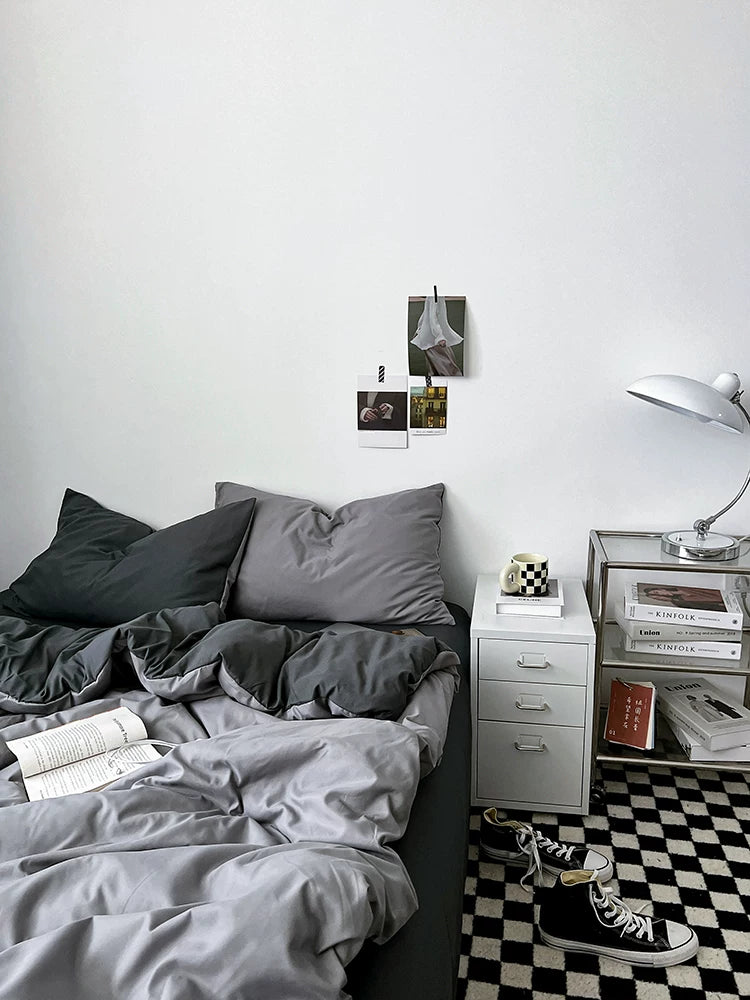 Washed Cotton Color-Block Bedding Set - Haze Grey