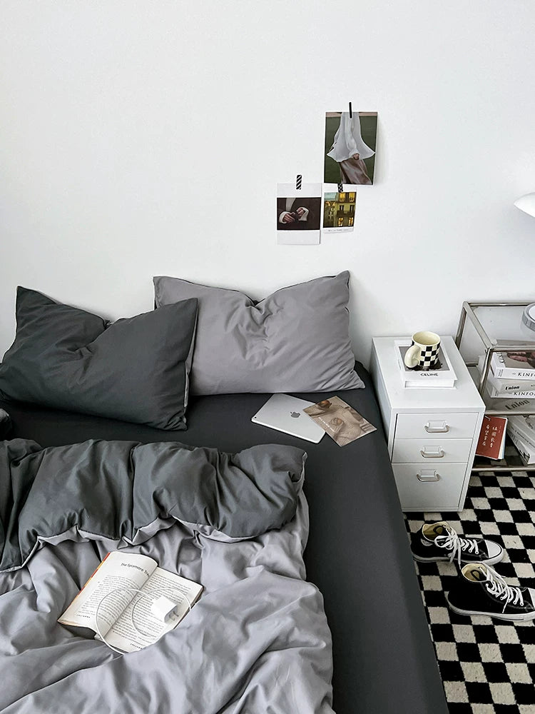 Washed Cotton Color-Block Bedding Set - Haze Grey