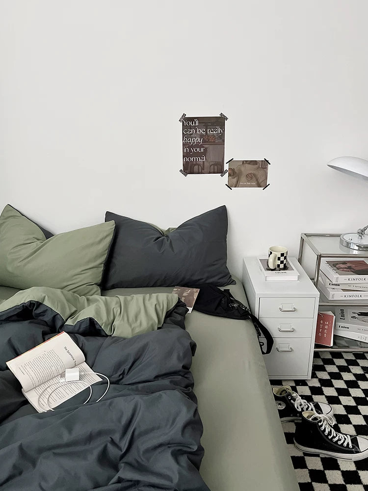 Washed Cotton Color-Block Bedding Set - Charcoal + Matcha