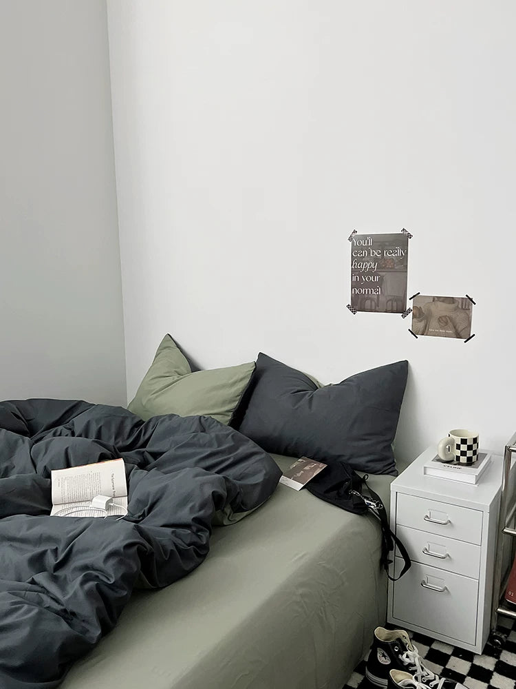 Washed Cotton Color-Block Bedding Set - Charcoal + Matcha