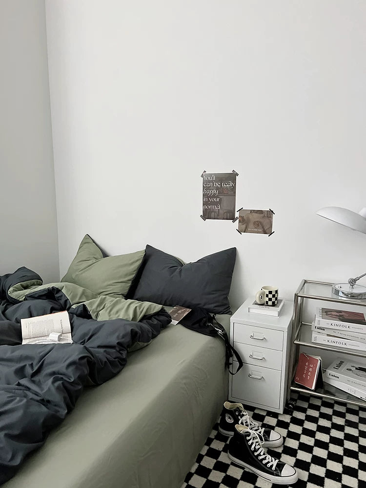 Washed Cotton Color-Block Bedding Set - Charcoal + Matcha