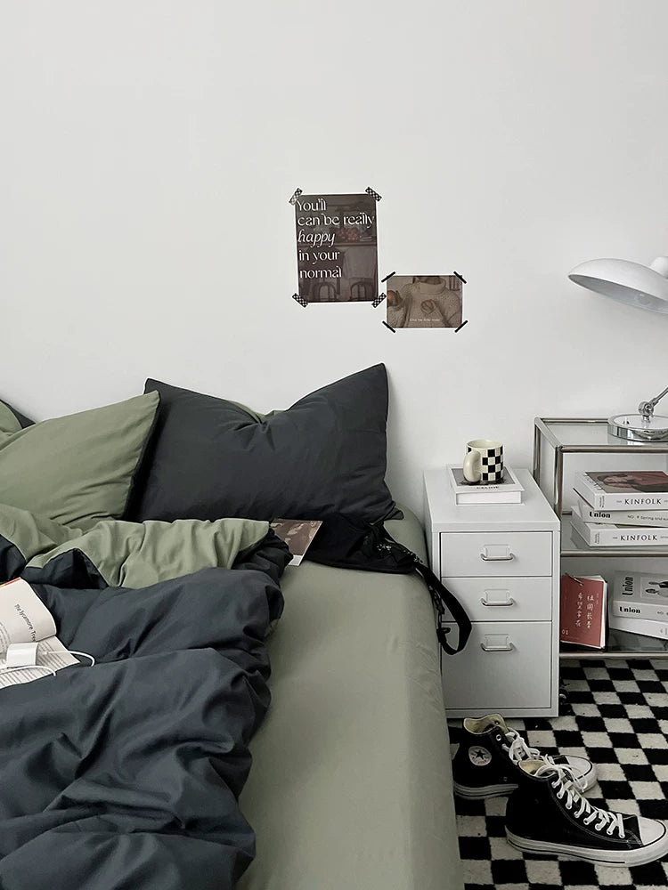 Washed Cotton Color-Block Bedding Set - Charcoal + Matcha