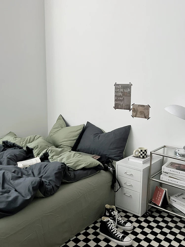 Washed Cotton Color-Block Bedding Set - Charcoal + Matcha