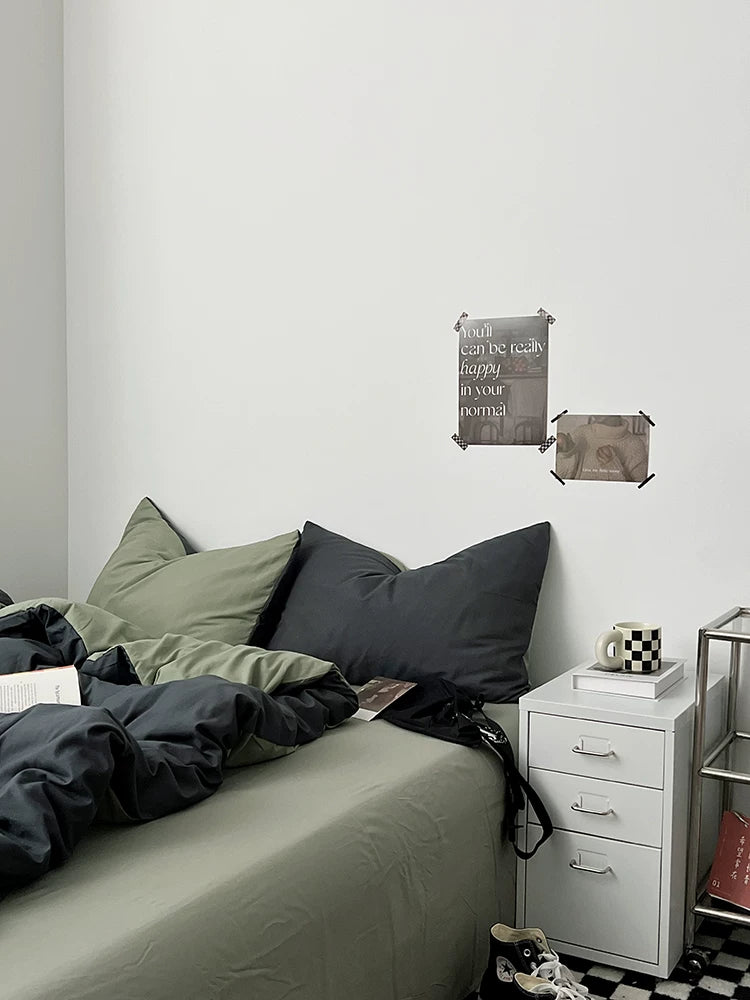 Washed Cotton Color-Block Bedding Set - Charcoal + Matcha
