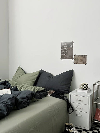 Washed Cotton Color-Block Bedding Set - Charcoal + Matcha
