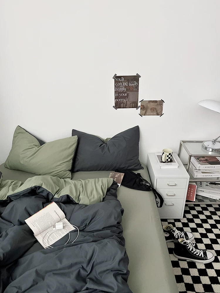 Washed Cotton Color-Block Bedding Set - Charcoal + Matcha
