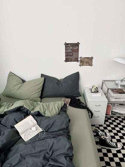 Washed Cotton Color-Block Bedding Set - Charcoal + Matcha
