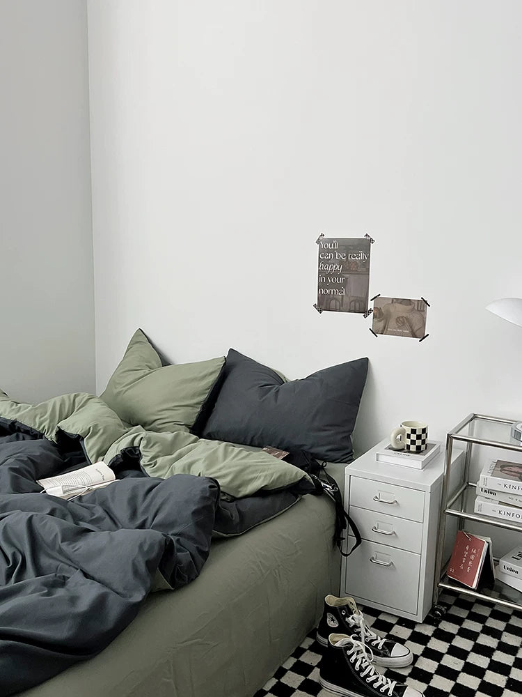 Washed Cotton Color-Block Bedding Set - Charcoal + Matcha