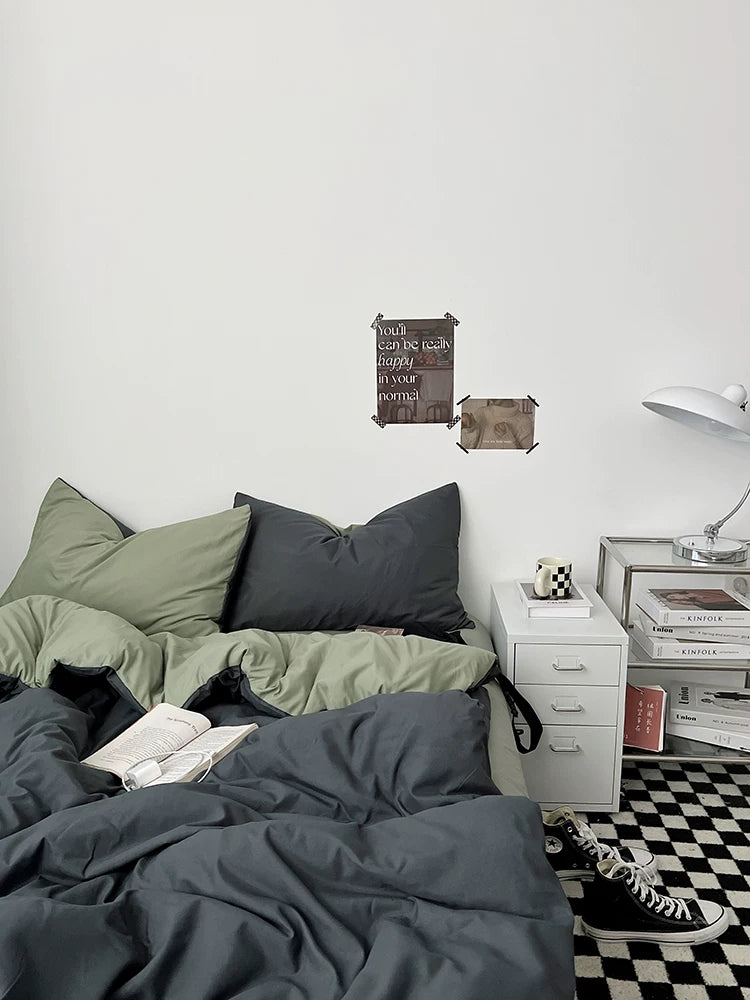 Washed Cotton Color-Block Bedding Set - Charcoal + Matcha