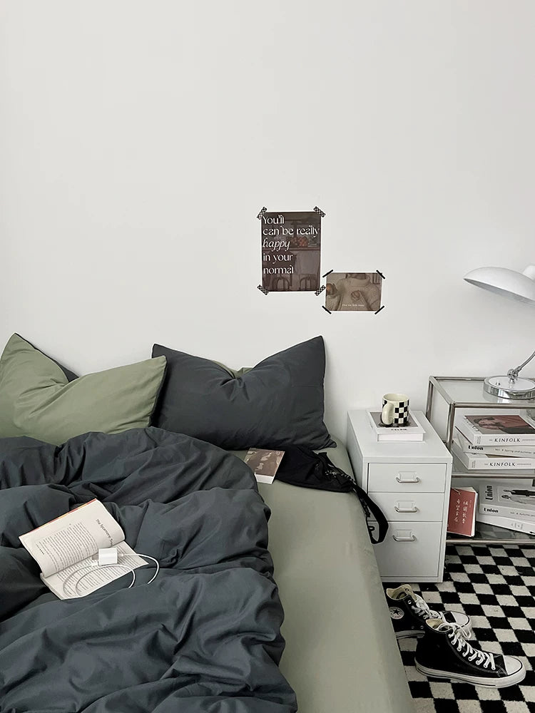 Washed Cotton Color-Block Bedding Set - Charcoal + Matcha