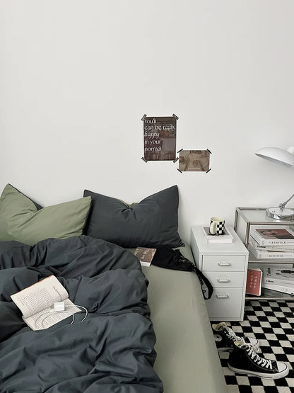 Washed Cotton Color-Block Bedding Set - Charcoal + Matcha